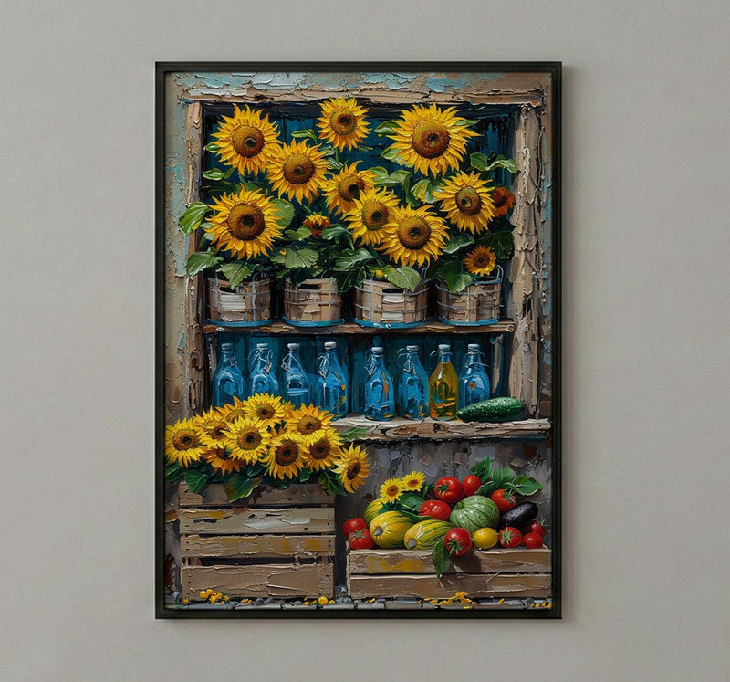 Australia Farm Market Wall Art, Bright Sunflower Home Decor - Rustic Wooden Town Summer Beauty