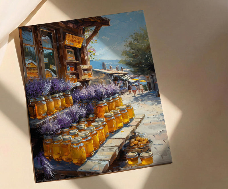 New Zealand Market Wall Art, Purple Lavender Home Decor - Golden Honey Town Summer View