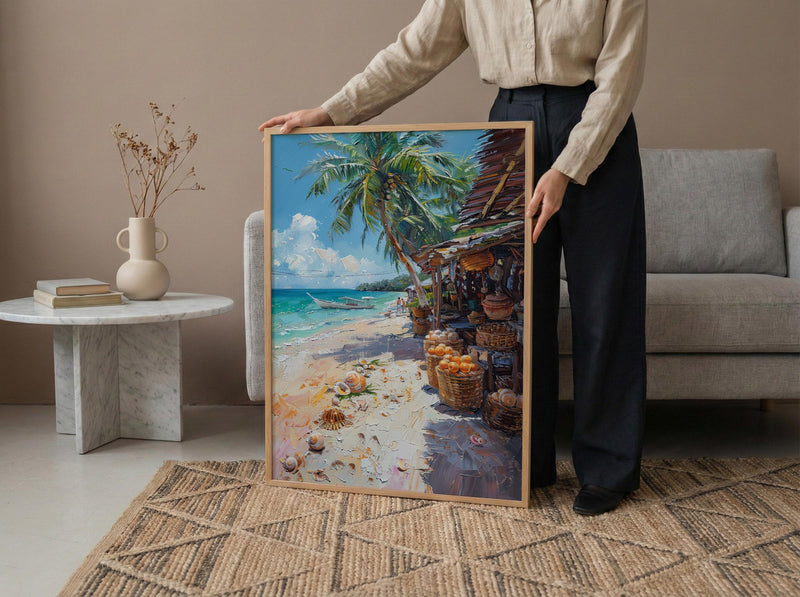 Fiji Seashell Market Coast Poster, Coastal Beach Home Decor - Tropical Island Town Summer Scenery