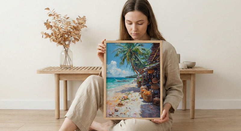 Fiji Seashell Market Coast Poster, Coastal Beach Home Decor - Tropical Island Town Summer Scenery