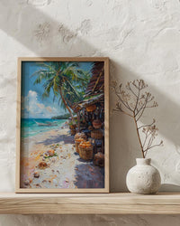 Fiji Seashell Market Coast Poster, Coastal Beach Home Decor - Tropical Island Town Summer Scenery