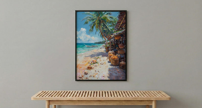 Fiji Seashell Market Coast Poster, Coastal Beach Home Decor - Tropical Island Town Summer Scenery