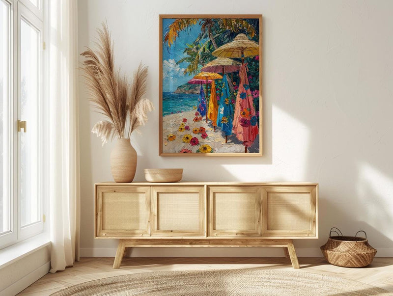 Cook Islands Market Art Print, Floral Pareo Home Decor - Vibrant Tropical Town Summer Picture