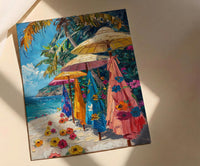 Cook Islands Market Art Print, Floral Pareo Home Decor - Vibrant Tropical Town Summer Picture