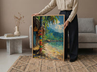 Tribal Bilum Market Town Poster, Colorful Bag Home Decor - Rustic Village Town Summer Scene