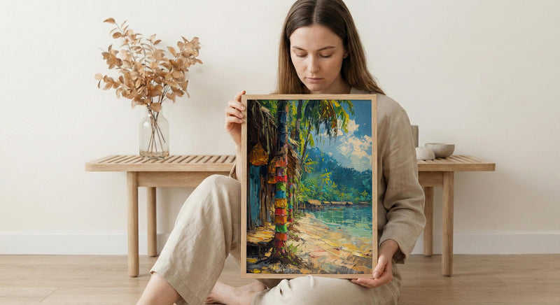 Tribal Bilum Market Town Poster, Colorful Bag Home Decor - Rustic Village Town Summer Scene