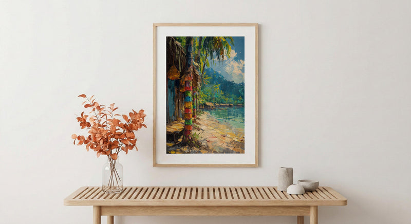 Tribal Bilum Market Town Poster, Colorful Bag Home Decor - Rustic Village Town Summer Scene