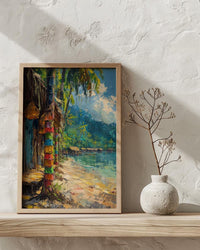 Tribal Bilum Market Town Poster, Colorful Bag Home Decor - Rustic Village Town Summer Scene