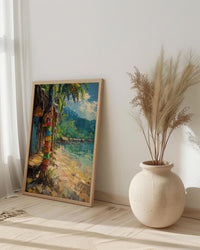 Tribal Bilum Market Town Poster, Colorful Bag Home Decor - Rustic Village Town Summer Scene