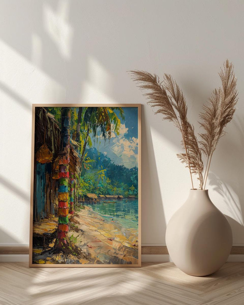 Tribal Bilum Market Town Poster, Colorful Bag Home Decor - Rustic Village Town Summer Scene