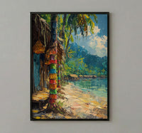 Tribal Bilum Market Town Poster, Colorful Bag Home Decor - Rustic Village Town Summer Scene