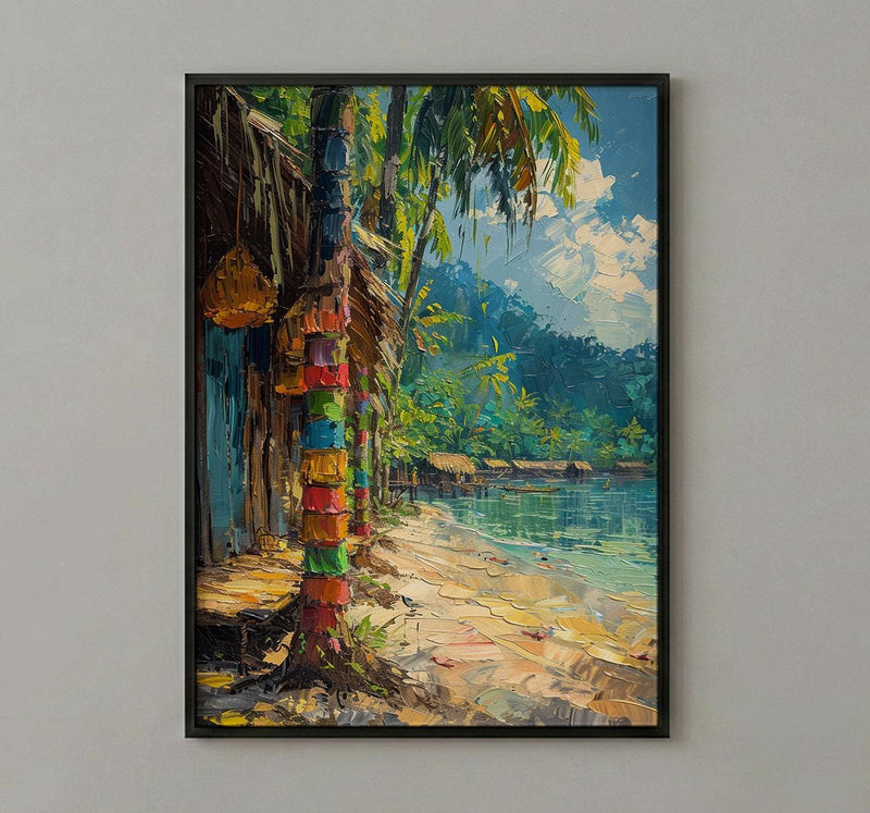 Tribal Bilum Market Town Poster, Colorful Bag Home Decor - Rustic Village Town Summer Scene