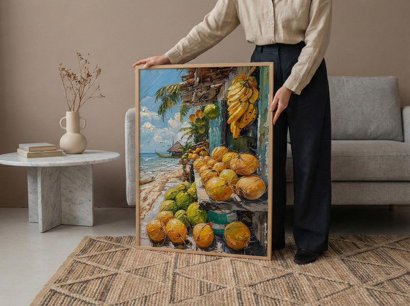 Moorea Fruit Stand Art Print, Green Coconut Home Decor - Tropical Island Town Summer Escape