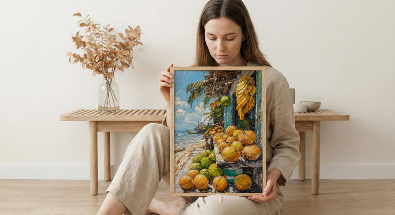 Moorea Fruit Stand Art Print, Green Coconut Home Decor - Tropical Island Town Summer Escape