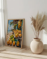 Moorea Fruit Stand Art Print, Green Coconut Home Decor - Tropical Island Town Summer Escape