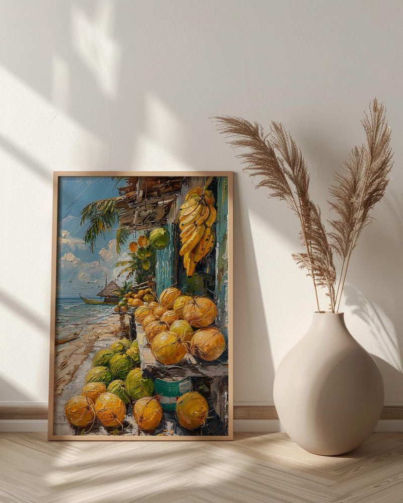 Moorea Fruit Stand Art Print, Green Coconut Home Decor - Tropical Island Town Summer Escape