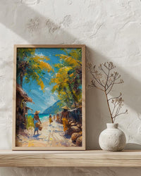 Vanuatu Market Woven Art Print, Palm Basket Home Decor - Tropical Island Town Summer Paradise