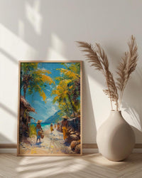 Vanuatu Market Woven Art Print, Palm Basket Home Decor - Tropical Island Town Summer Paradise