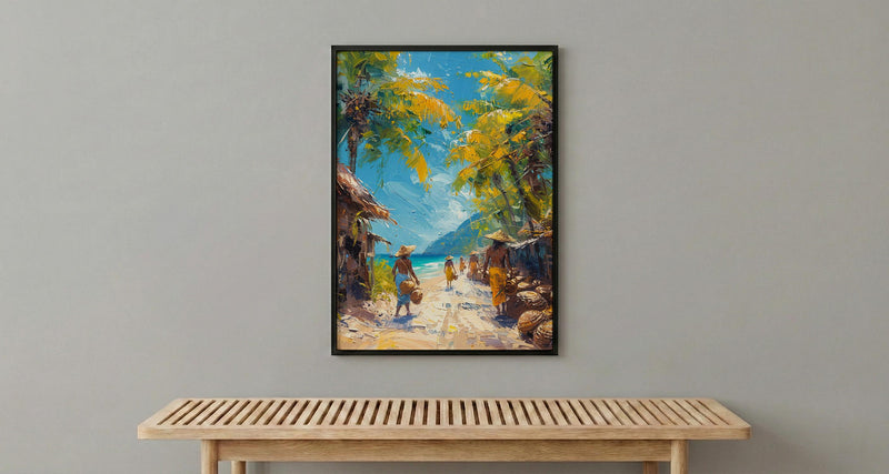 Vanuatu Market Woven Art Print, Palm Basket Home Decor - Tropical Island Town Summer Paradise