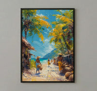 Vanuatu Market Woven Art Print, Palm Basket Home Decor - Tropical Island Town Summer Paradise