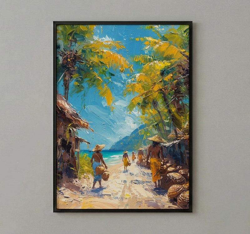 Vanuatu Market Woven Art Print, Palm Basket Home Decor - Tropical Island Town Summer Paradise
