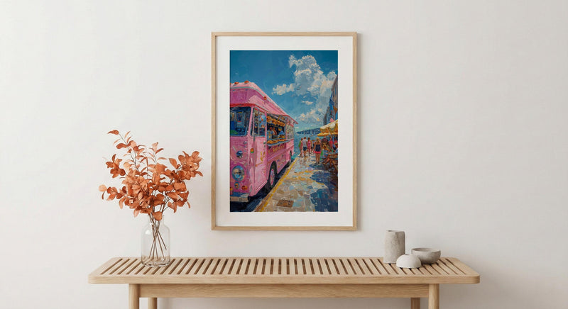 Wellington Food Truck Wall Art, Blue Ocean Home Decor - Vibrant Coast Town Summer Setting
