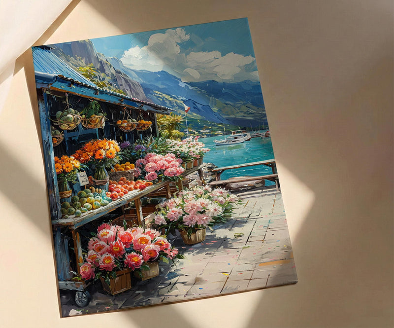 Noumea Port Market Art Print, French Bakery Home Decor - Tropical Floral Town Summer Scene