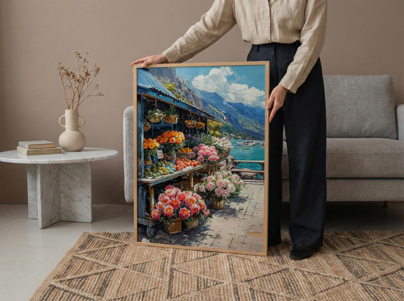 Noumea Port Market Art Print, French Bakery Home Decor - Tropical Floral Town Summer Scene