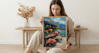 Noumea Port Market Art Print, French Bakery Home Decor - Tropical Floral Town Summer Scene