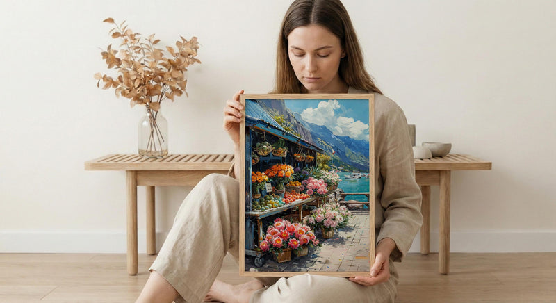 Noumea Port Market Art Print, French Bakery Home Decor - Tropical Floral Town Summer Scene