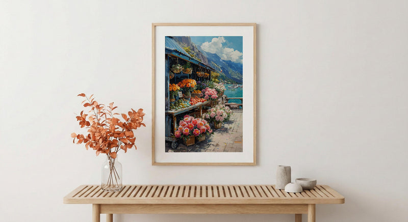 Noumea Port Market Art Print, French Bakery Home Decor - Tropical Floral Town Summer Scene