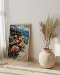 Noumea Port Market Art Print, French Bakery Home Decor - Tropical Floral Town Summer Scene