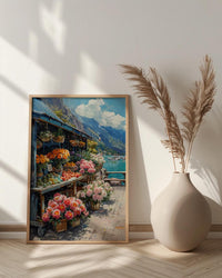 Noumea Port Market Art Print, French Bakery Home Decor - Tropical Floral Town Summer Scene
