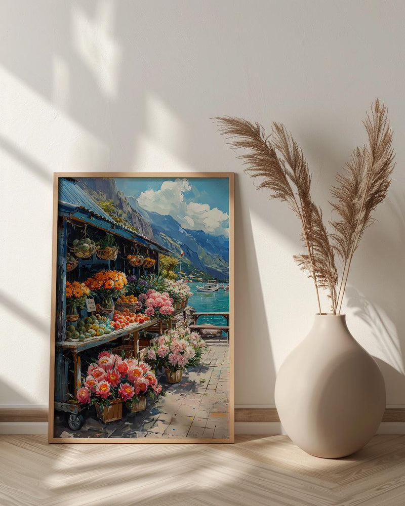 Noumea Port Market Art Print, French Bakery Home Decor - Tropical Floral Town Summer Scene