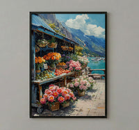 Noumea Port Market Art Print, French Bakery Home Decor - Tropical Floral Town Summer Scene