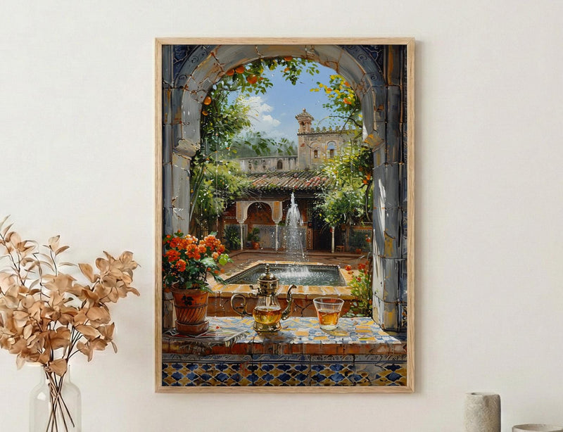 Morocco Riad Window Poster, Courtyard Decor - Mint Tea Boho Art