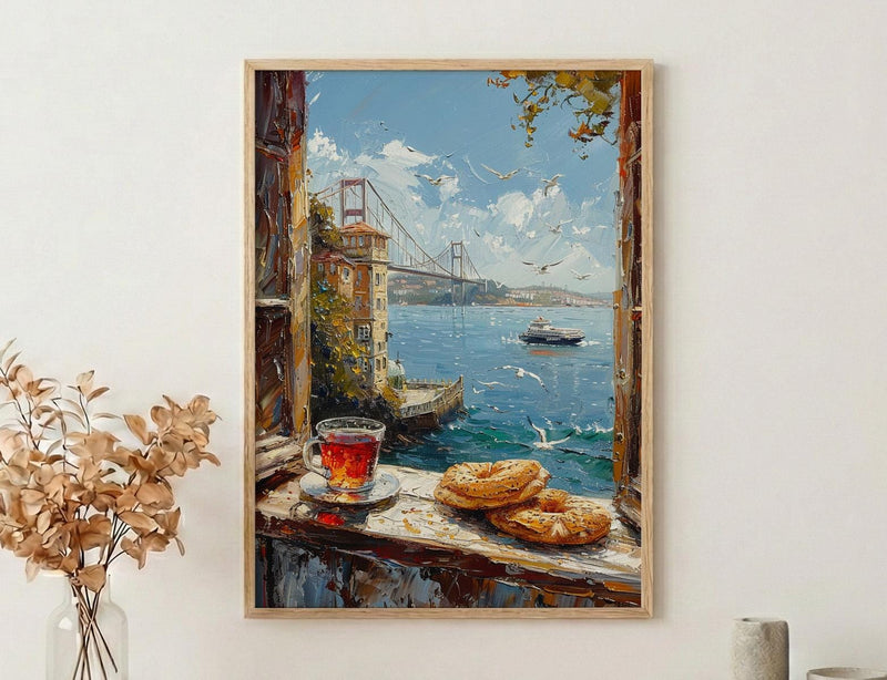 Istanbul Window Art Print, Bosphorus Decor - Turkish Tea Simit View