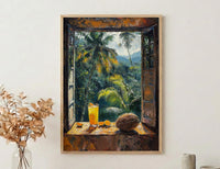 Costa Rica Window Poster, Jungle Rain Decor - Toucan Coconut Art