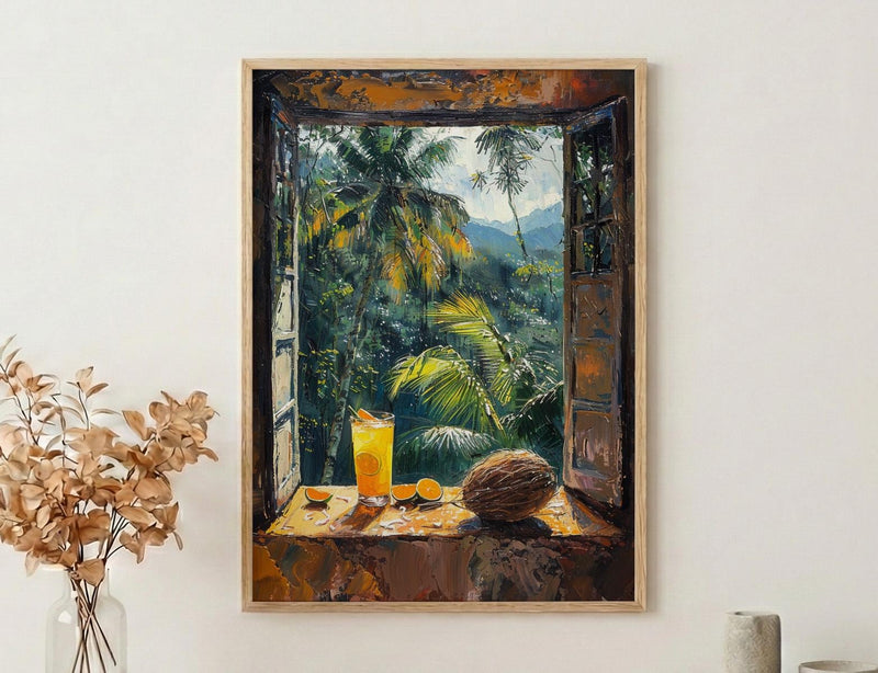 Costa Rica Window Poster, Jungle Rain Decor - Toucan Coconut Art