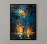 Polynesian Fire Dance Art Print, Night Beach Home Decor - Glowing Orange Coast Summer Artwork