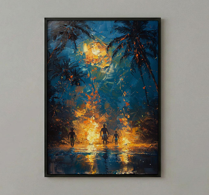 Polynesian Fire Dance Art Print, Night Beach Home Decor - Glowing Orange Coast Summer Artwork