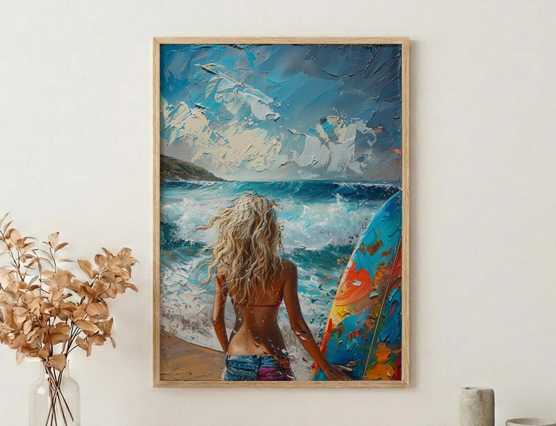 Australia Surf Girl Ocean Poster, Blue Water Home Decor - Colorful Coastal Nature Summer Holiday