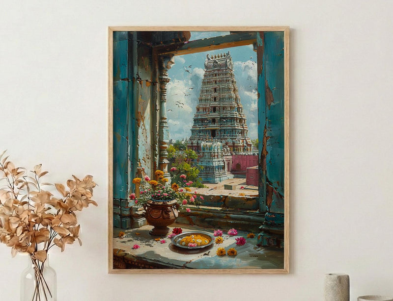 India Temple Art Print, Spiritual Window Decor - Colorful Gopuram Poster