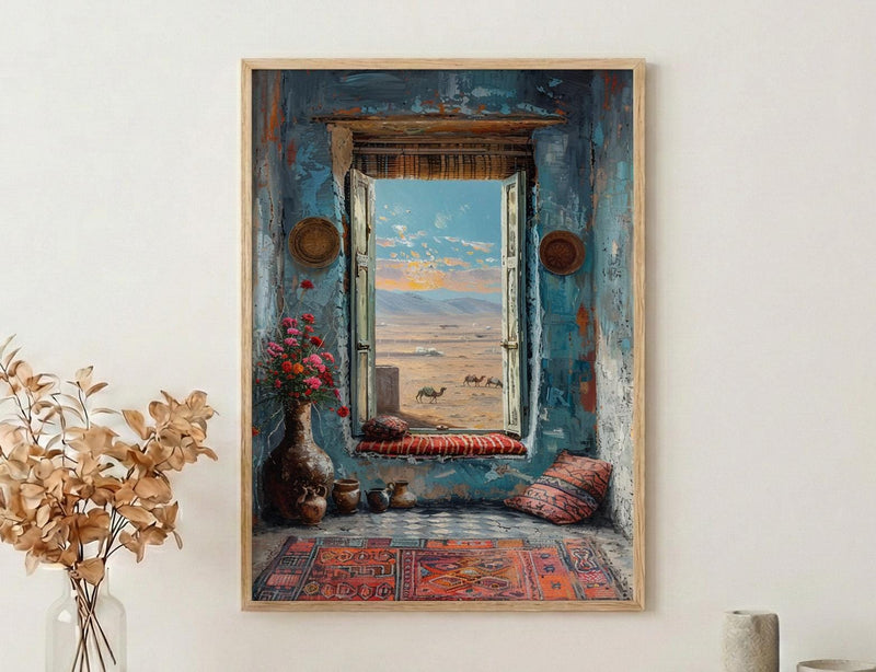 Rajasthan Desert Art Print, Camel Landscape Decor - Boho Pottery Poster