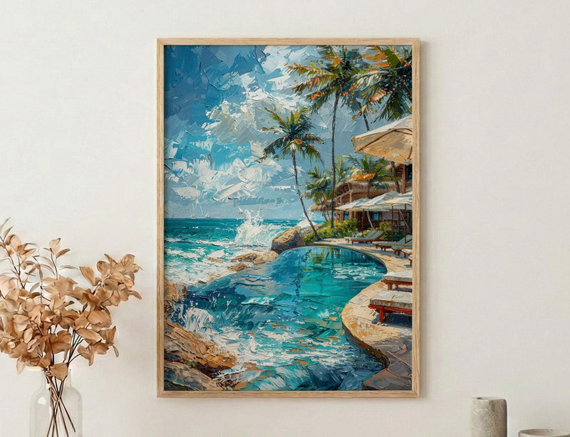 Fiji Beach Club Wall Art, White Parasol Home Decor - Tropical Pool Coast Summer Escape