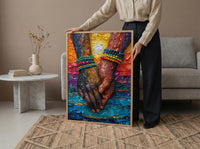 Black Love Art, Holding Hands Print, African Sunset, Impasto Oil Painting, Romantic Couple Gift, Beads Detail, Warm Wall Decor