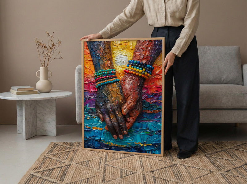 Black Love Art, Holding Hands Print, African Sunset, Impasto Oil Painting, Romantic Couple Gift, Beads Detail, Warm Wall Decor