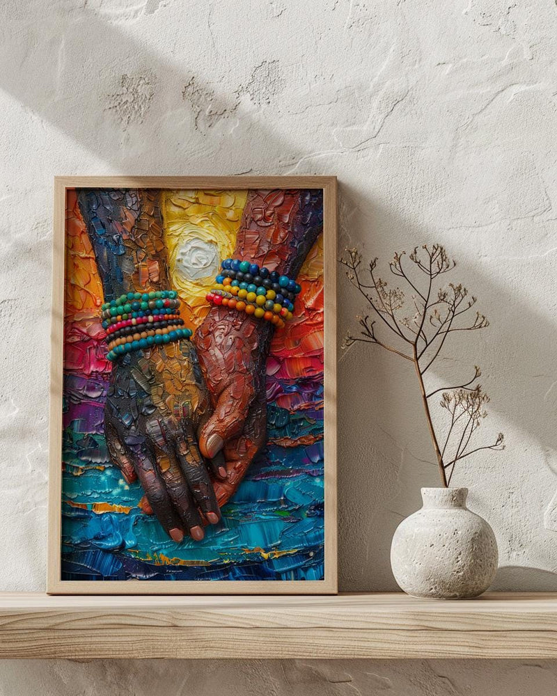 Black Love Art, Holding Hands Print, African Sunset, Impasto Oil Painting, Romantic Couple Gift, Beads Detail, Warm Wall Decor