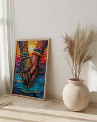 Black Love Art, Holding Hands Print, African Sunset, Impasto Oil Painting, Romantic Couple Gift, Beads Detail, Warm Wall Decor