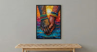 Black Love Art, Holding Hands Print, African Sunset, Impasto Oil Painting, Romantic Couple Gift, Beads Detail, Warm Wall Decor